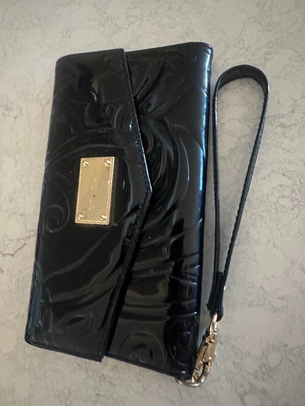 Black St John Patent Leather Large Wallet with wrist strap